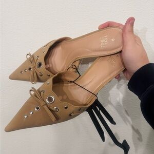 Time and Tru Women's Tan Pointed Toe Mules with Silver Accents